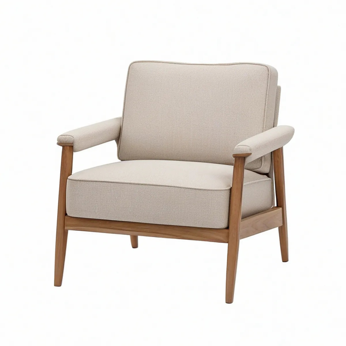 Mid-Century Upholstered Armchair with Solid Rubberwood Frame, Beige/Brown, 31.5 x 34 x 35 in
