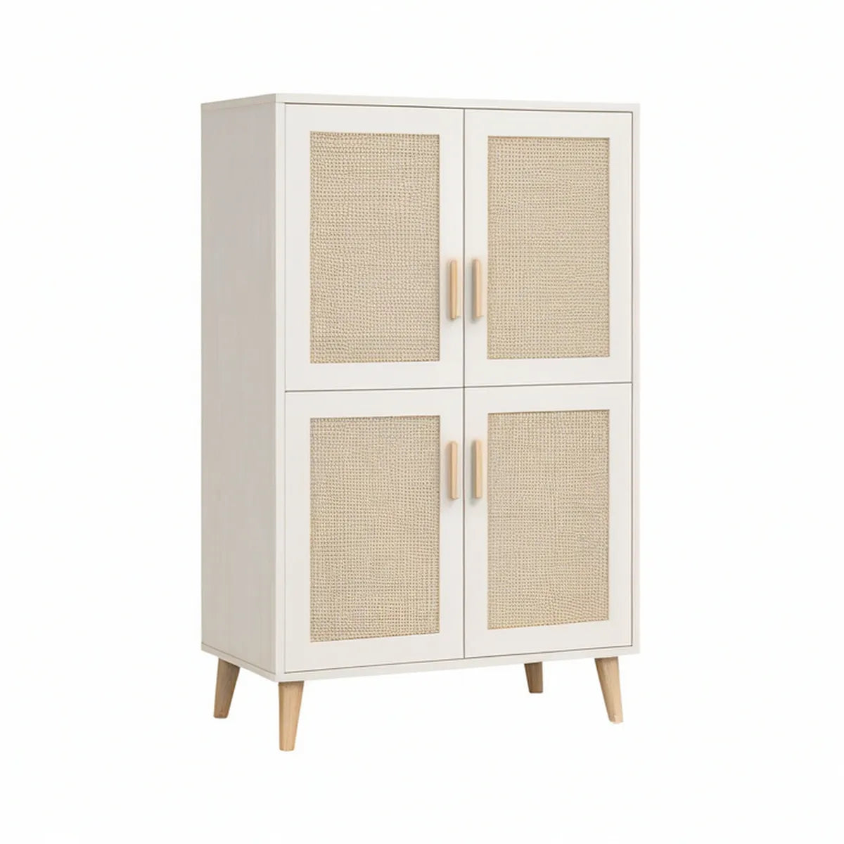 White and Natural 4-Door Rattan Storage Cabinet, 31.5 x 15.7 x 47.2 in