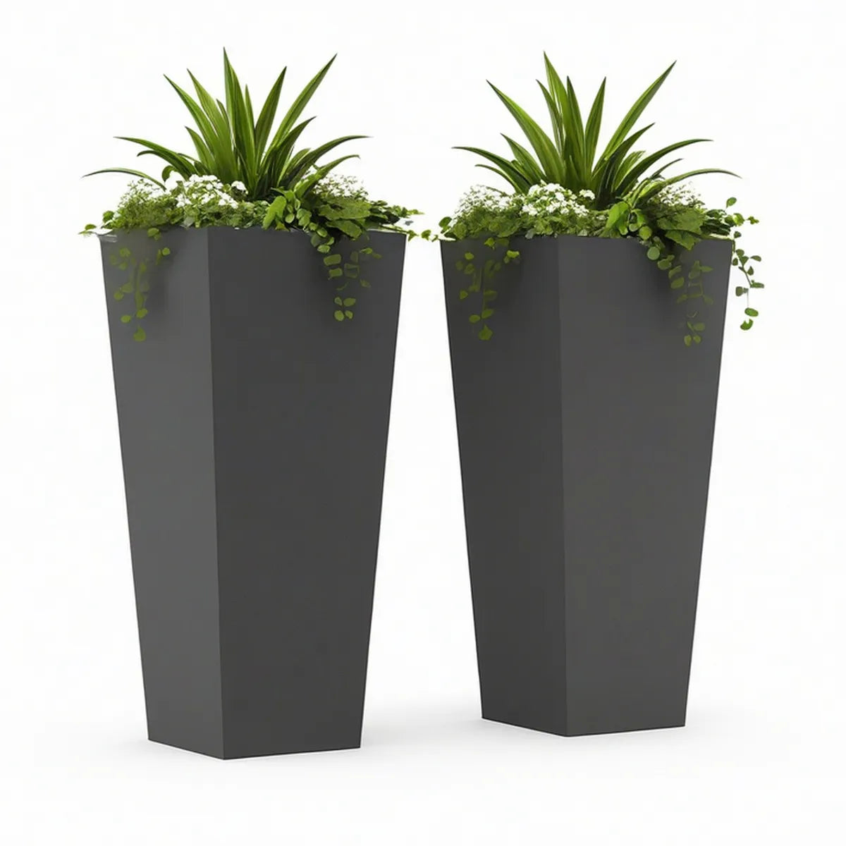 Set of 2 Tall Tapered Square Planters, 13.4 x 13.4 x 31.5 in, Black Polypropylene