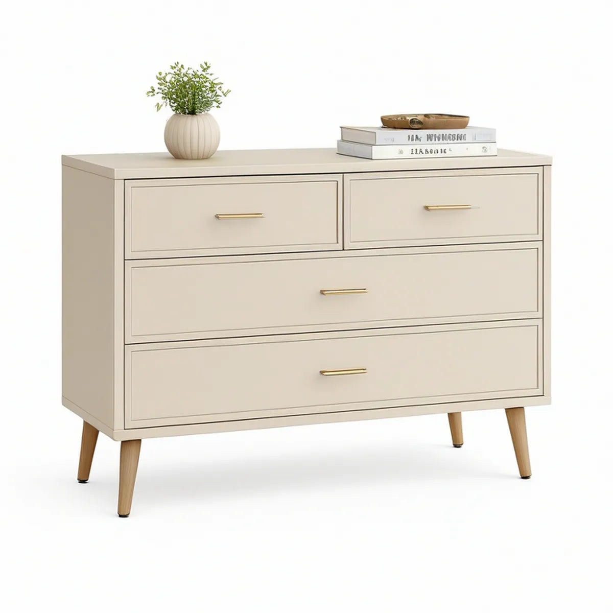 Mid-Century Modern 4-Drawer Cream White Storage Cabinet, 52 x 18 x 34 in