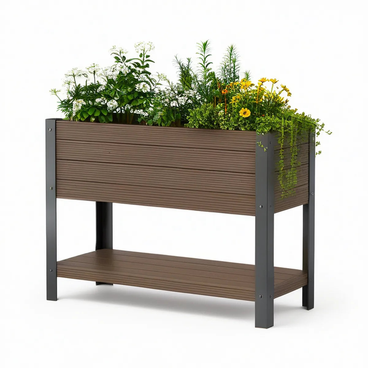 48 x 24 x 36 in Raised Garden Bed Planter with Storage Shelf, Brown and Black