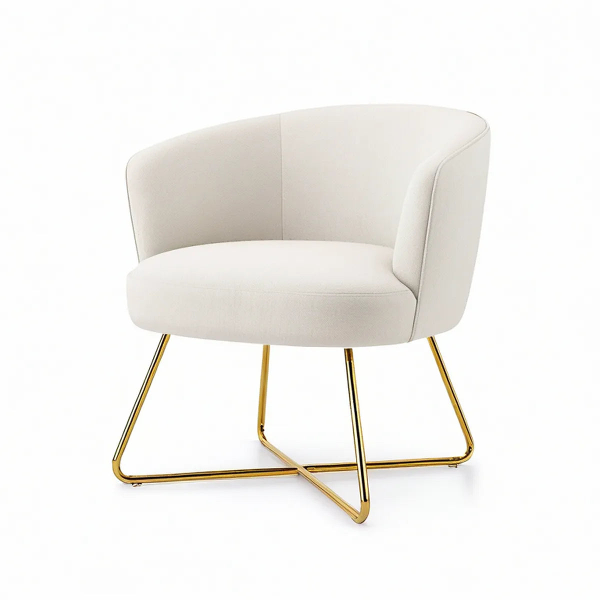 White Curved Polyester Upholstered Barrel Armchair with Gold Steel Sled Base, 30 x 29 x 31 in