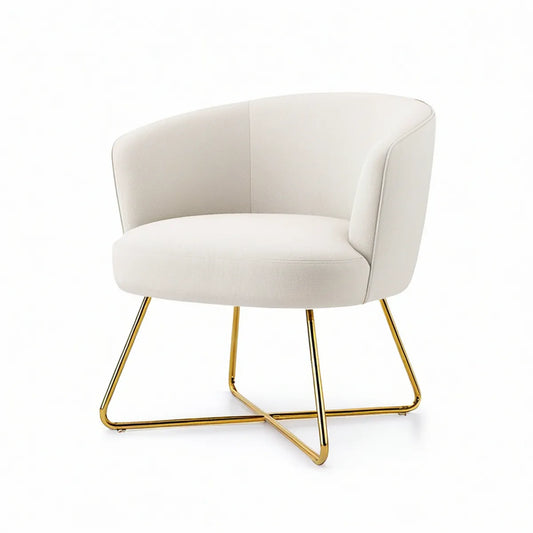 White Curved Polyester Upholstered Barrel Armchair with Gold Steel Sled Base, 30 x 29 x 31 in
