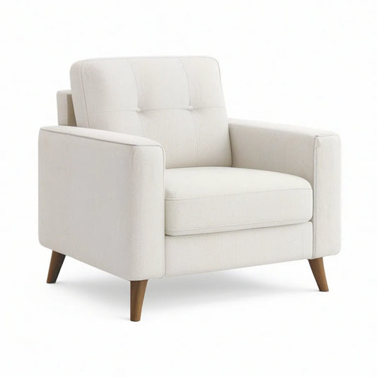 Cream Polyester Upholstered Armchair with Brown Wood Legs, 35 x 35 x 36 in
