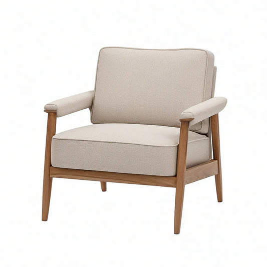 Mid-Century Upholstered Armchair with Solid Rubberwood Frame, Beige/Brown, 31.5 x 34 x 35 in