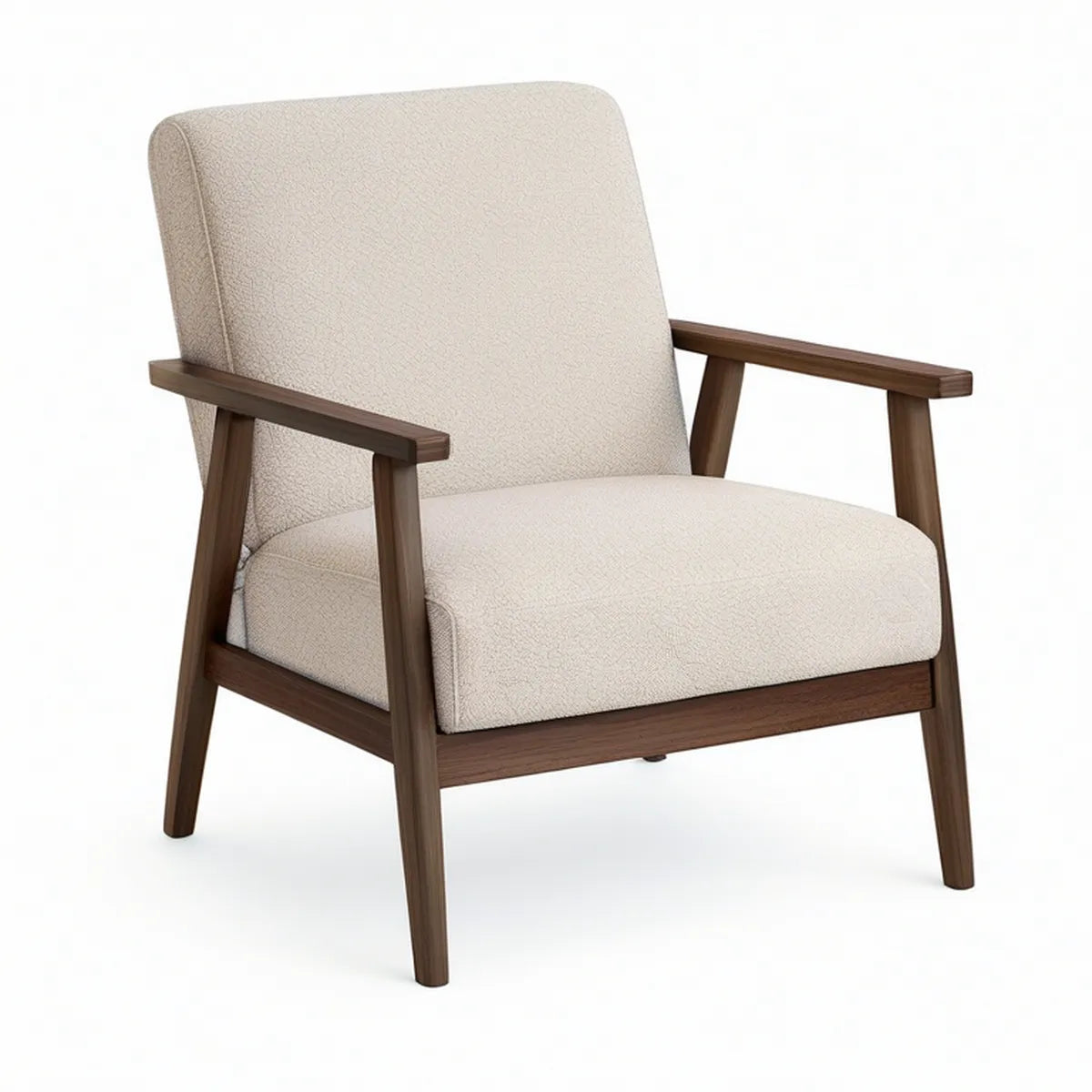Cream Boucle Upholstered Armchair with Walnut Brown Rubberwood Frame, 30.3 x 32.7 x 34.6 in