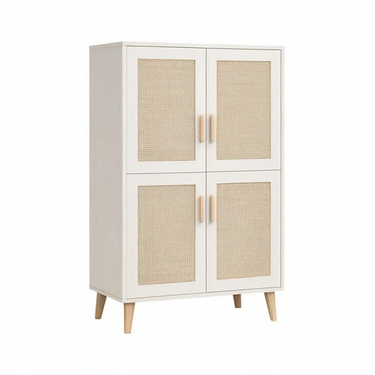 White and Natural 4-Door Rattan Storage Cabinet, 31.5 x 15.7 x 47.2 in