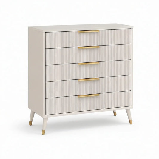 White 5-Drawer Ribbed MDF Dresser with Gold-Tone Handles, 31.5 x 15.7 x 39.4 in