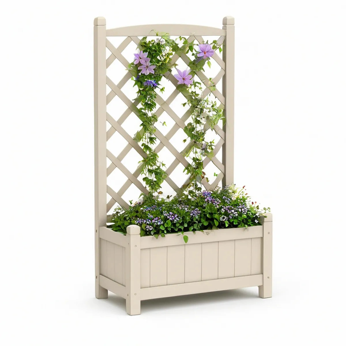 Cream Solid Fir Wood Raised Planter with Arched Lattice Trellis, 71 x 36 x 155 cm