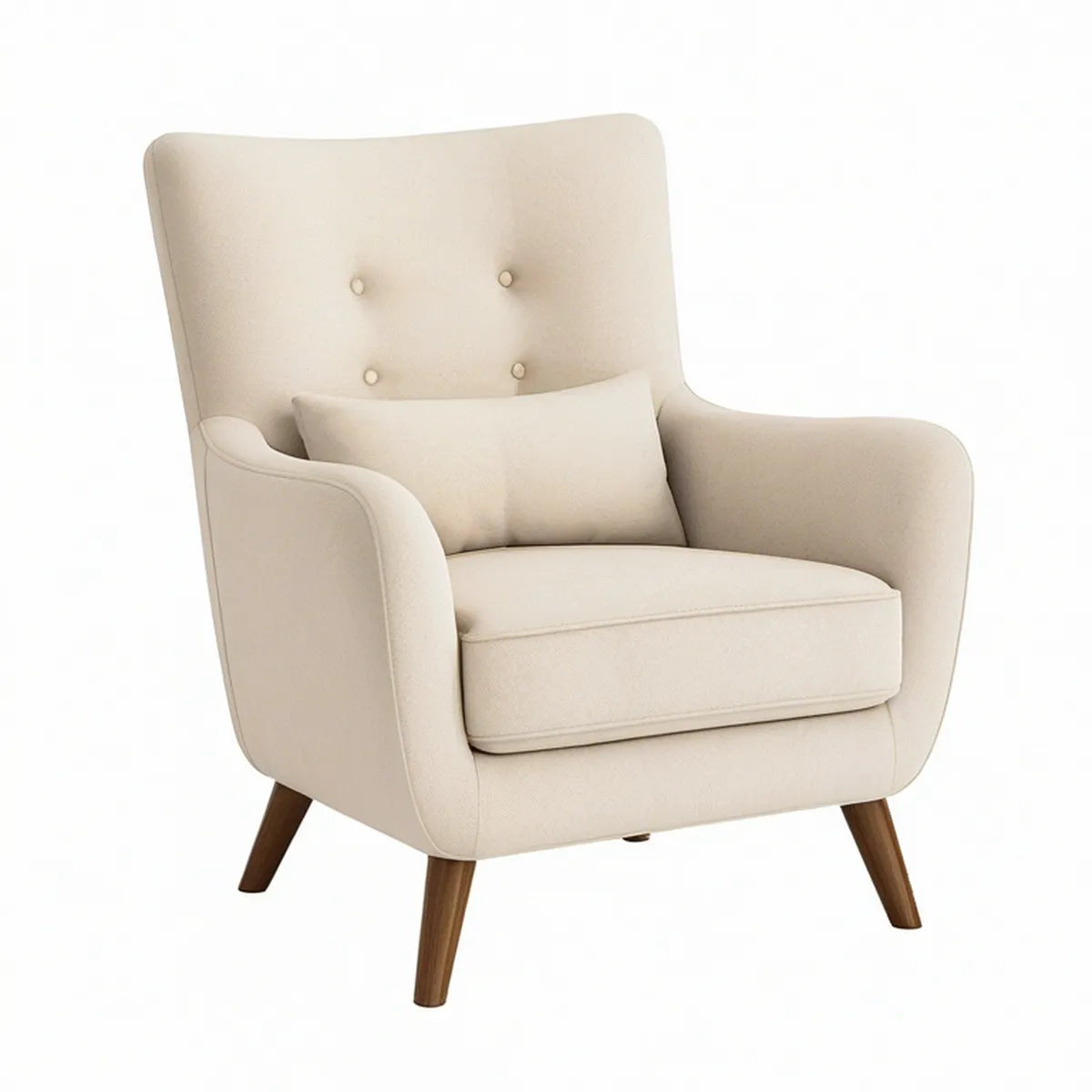 Cream Upholstered Armchair with Button-Tufted Back, Pillow and Dark Brown Wood Legs, 31.5 x 34 x 39 in