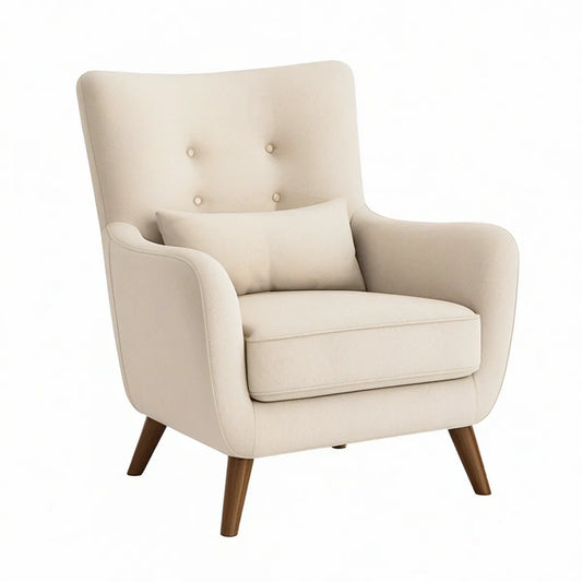 Cream Upholstered Armchair with Button-Tufted Back, Pillow and Dark Brown Wood Legs, 31.5 x 34 x 39 in