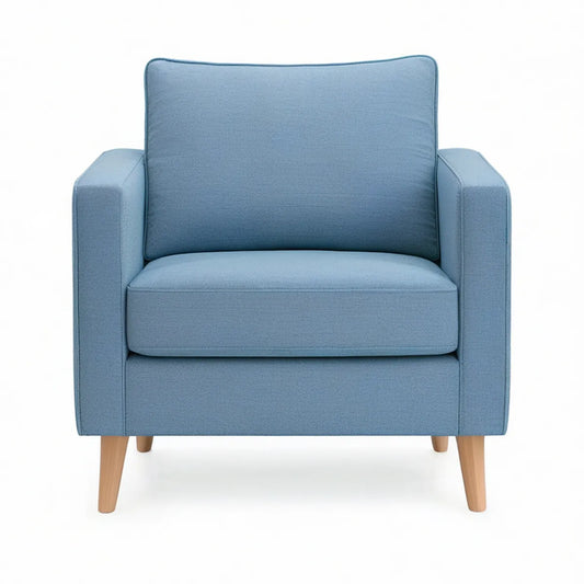 Blue Polyester Upholstered Armchair with Natural Brown Wood Legs, 31.5 x 33.1 x 35.4 in