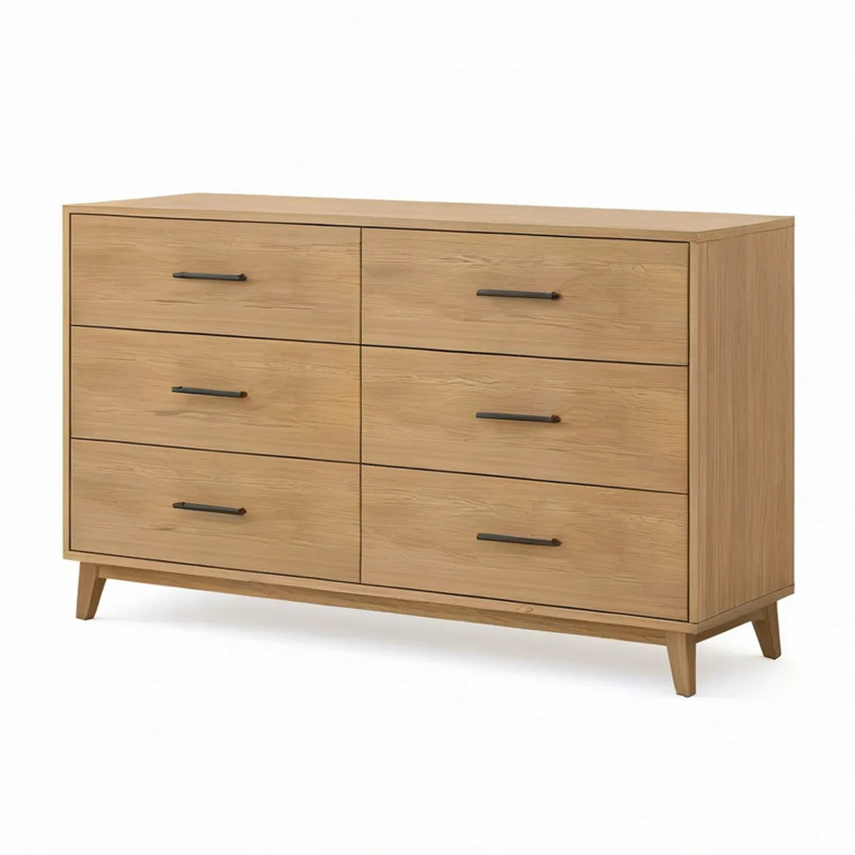 Natural Oak 6-Drawer Dresser with Black Handles, 60 x 18 x 34 in