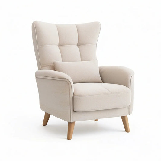 Cream Wingback Armchair with Lumbar Pillow, Natural Brown Rubberwood Legs, 31.5 x 34 x 40 in