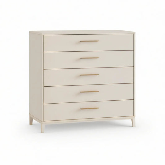 5-Drawer Cream MDF Chest with Gold Pulls, 35.4 x 17.7 x 43.3 in