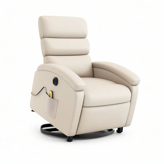 Cream PU Leather Power Swivel Recliner Chair, 34 x 38 x 42 in