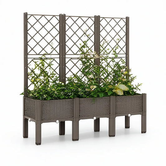 3-Piece Brown Raised Planter with Trellis, 47.2 x 15.7 x 55.1 in, Polypropylene