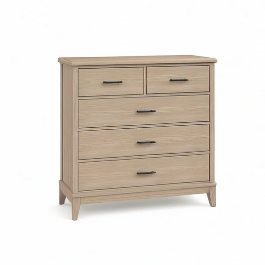 5-Drawer Light Oak MDF Chest of Drawers with Black Pulls, 42 in W x 18 in D x 42 in H