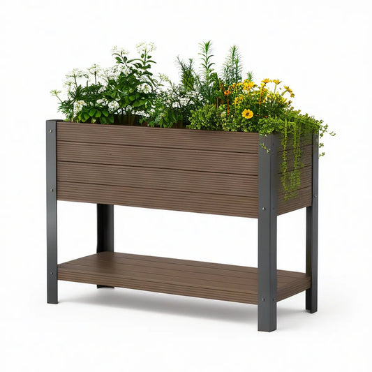 48 x 24 x 36 in Raised Garden Bed Planter with Storage Shelf, Brown and Black