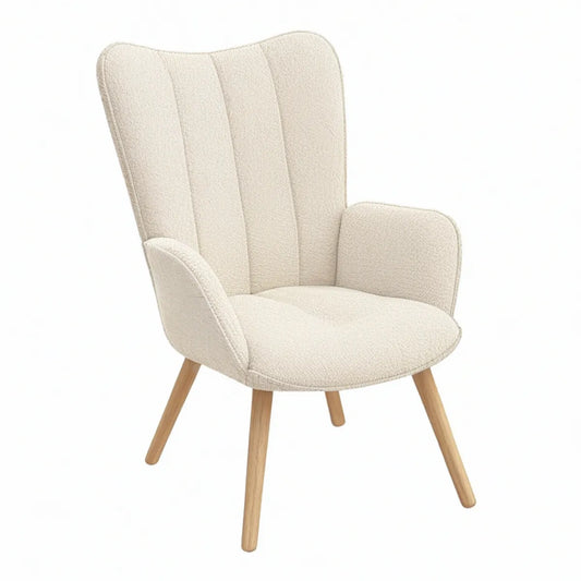 Cream Boucle Wingback Accent Armchair with Natural Rubberwood Legs, 29.5 x 31.5 x 40 in